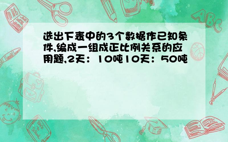 选出下表中的3个数据作已知条件,编成一组成正比例关系的应用题,2天：10吨10天：50吨