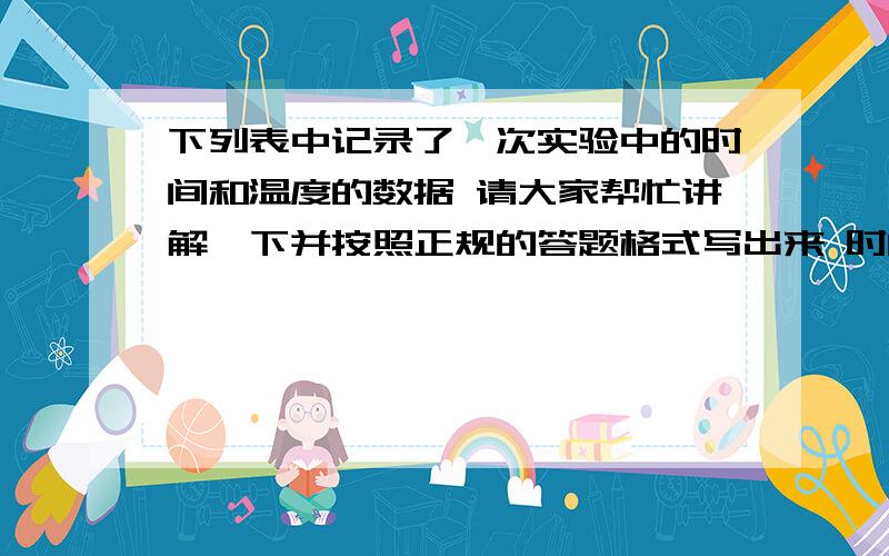 下列表中记录了一次实验中的时间和温度的数据 请大家帮忙讲解一下并按照正规的答题格式写出来 时间/分 0 5 10 15 20 25 温度/摄氏度 10 25 40 55 70 85 （1）如果温度变化是均匀的,21分的温度是