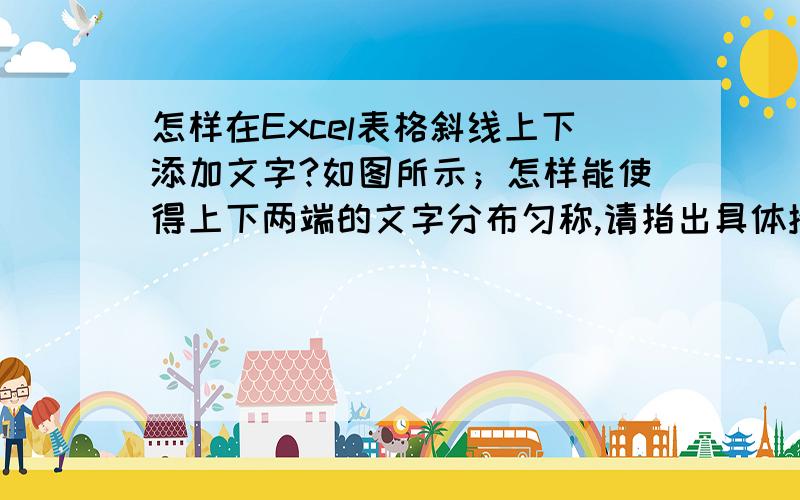 怎样在Excel表格斜线上下添加文字?如图所示；怎样能使得上下两端的文字分布匀称,请指出具体操作步骤,