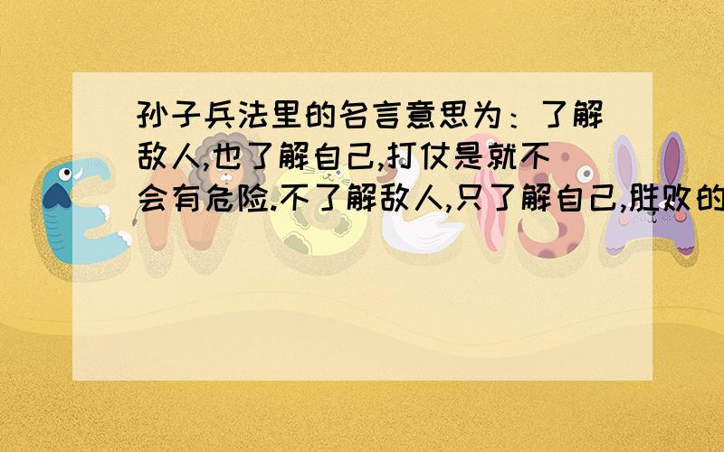 孙子兵法里的名言意思为：了解敌人,也了解自己,打仗是就不会有危险.不了解敌人,只了解自己,胜败的把握只有一半.既不了解敌人,也不了解自己,那就只有面临失败了.这句名言是那句