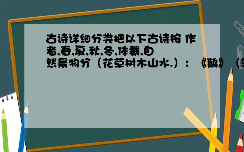 古诗详细分类把以下古诗按 作者,春,夏,秋,冬,体裁,自然景物分（花草树木山水.）：《鹅》（骆宾王）,《春晓》（孟浩然）,《村居》（高鼎）,《咏华山》（寇准）,《静夜思》（李白）,《夜