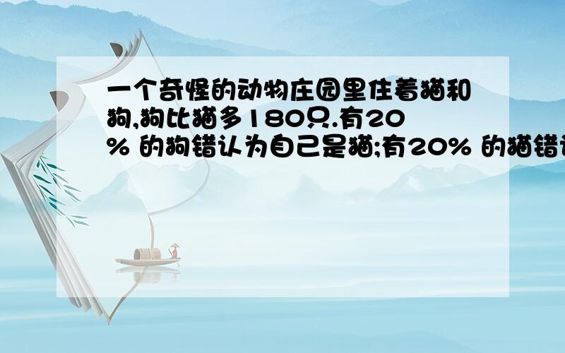 一个奇怪的动物庄园里住着猫和狗,狗比猫多180只.有20% 的狗错认为自己是猫;有20% 的猫错认为自己是狗.在所有的猫和狗中,有32% 认为自己是猫,那么狗有( 　　)只.