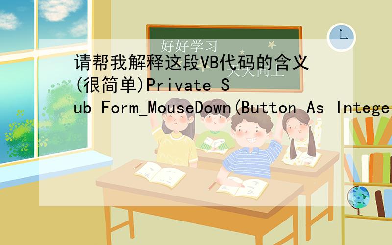 请帮我解释这段VB代码的含义(很简单)Private Sub Form_MouseDown(Button As Integer,Shift As Integer,X As Single,Y As Single)If Button = 2 Then Form1.PopupMenu mnePop,4End Sub这段里面的mousedown是什么意思?还有PopupMenu后面为