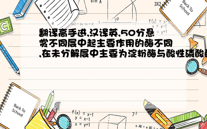 翻译高手进,汉译英,50分悬赏不同层中起主要作用的酶不同,在未分解层中主要为淀粉酶与酸性磷酸酶；半分解层中主要为漆酶、内切纤维素酶；而全分解层中主要为漆酶、内切纤维素酶、β-