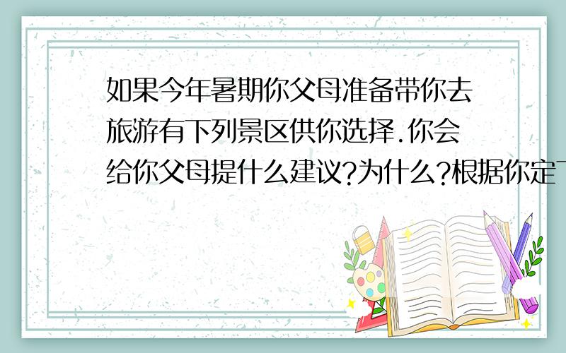 如果今年暑期你父母准备带你去旅游有下列景区供你选择.你会给你父母提什么建议?为什么?根据你定下的旅游线路和去的人数,算算哪种方案省钱?除了景区旅游费用之外,还需要哪些开支?估一