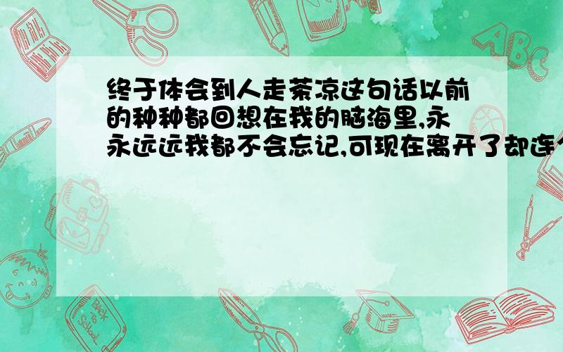 终于体会到人走茶凉这句话以前的种种都回想在我的脑海里,永永远远我都不会忘记,可现在离开了却连个电话都没有过,唉真的体会到人走茶凉了,很伤悲啊,我想在我以后的人生道路上我不会