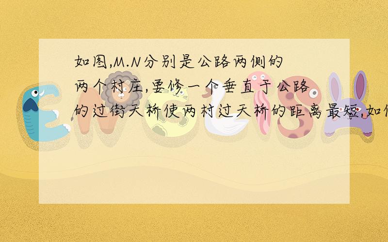 如图,M.N分别是公路两侧的两个村庄,要修一个垂直于公路的过街天桥使两村过天桥的距离最短,如何修?