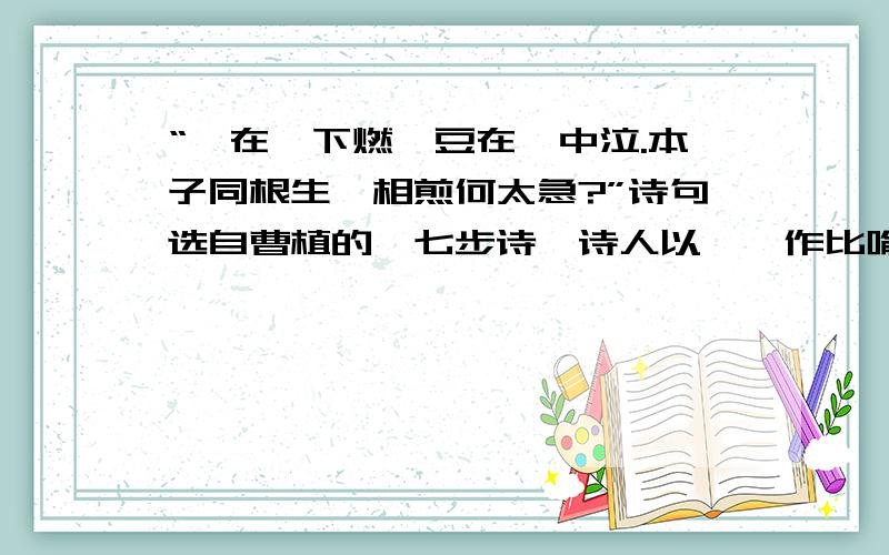 “萁在釜下燃,豆在釜中泣.本子同根生,相煎何太急?”诗句选自曹植的《七步诗》诗人以——作比喻,控诉做了皇帝的哥哥曹丕对自己和其他兄弟的——.