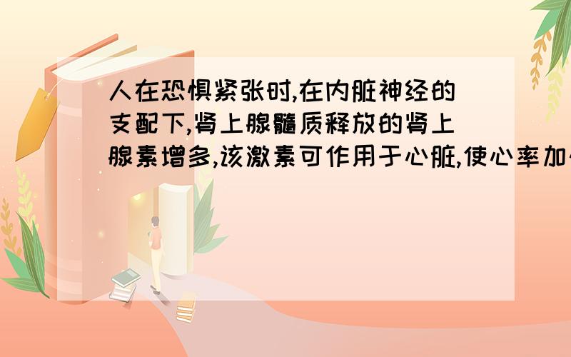 人在恐惧紧张时,在内脏神经的支配下,肾上腺髓质释放的肾上腺素增多,该激素可作用于心脏,使心率加快,下列错误的A该肾上腺素作用的靶器官包括心脏B该实例包含神经调节和体液调节C该肾