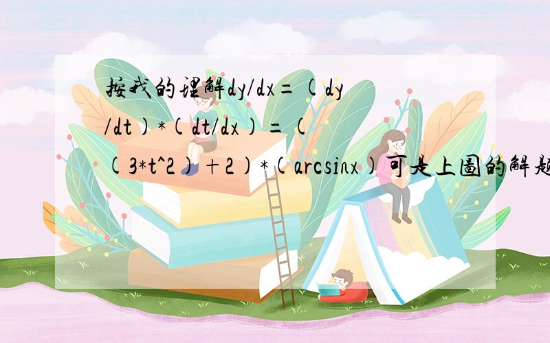 按我的理解dy/dx=(dy/dt)*(dt/dx)=((3*t^2)+2)*(arcsinx)可是上图的解题过程却是dy/dx=(dy/dt)*(dx/dt)这是怎么回事?