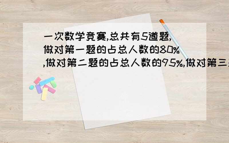 一次数学竞赛,总共有5道题,做对第一题的占总人数的80%,做对第二题的占总人数的95%,做对第三题的占总人数的85%,做对第四题的占总人数的79%,做对第五题的占总人数的74%,如果做对三题以上（