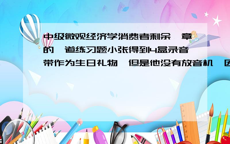 中级微观经济学消费者剩余一章的一道练习题小张得到4盒录音带作为生日礼物,但是他没有放音机,因而录音带对于他暂时没有用.他的效用函数为 u=x+f(y)*z²其中,z表示录音带的数量,y表示录