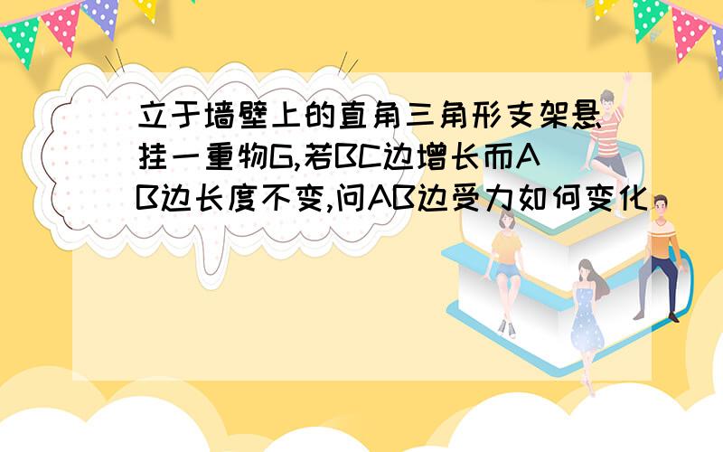 立于墙壁上的直角三角形支架悬挂一重物G,若BC边增长而AB边长度不变,问AB边受力如何变化