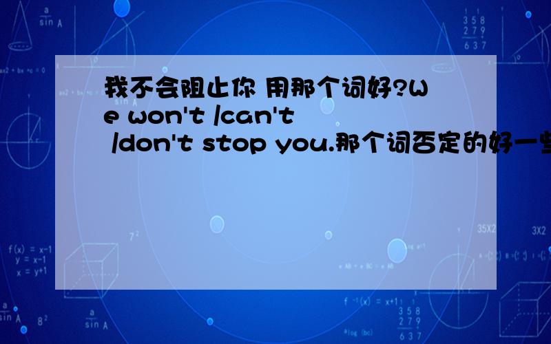 我不会阻止你 用那个词好?We won't /can't /don't stop you.那个词否定的好一些..2.阻止某人除了用stop sb 还能用别的动词么?