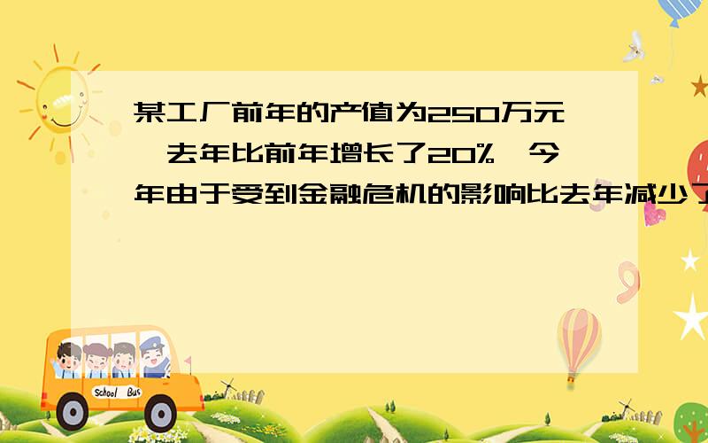 某工厂前年的产值为250万元,去年比前年增长了20%,今年由于受到金融危机的影响比去年减少了25%,问今年该厂的产值能否达到前年的250万元?通过计算说明原因