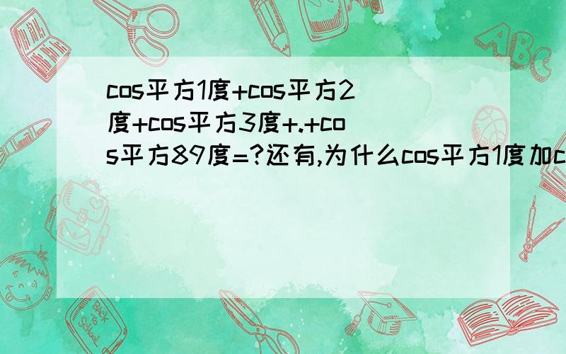 cos平方1度+cos平方2度+cos平方3度+.+cos平方89度=?还有,为什么cos平方1度加cos平方89度等于一?