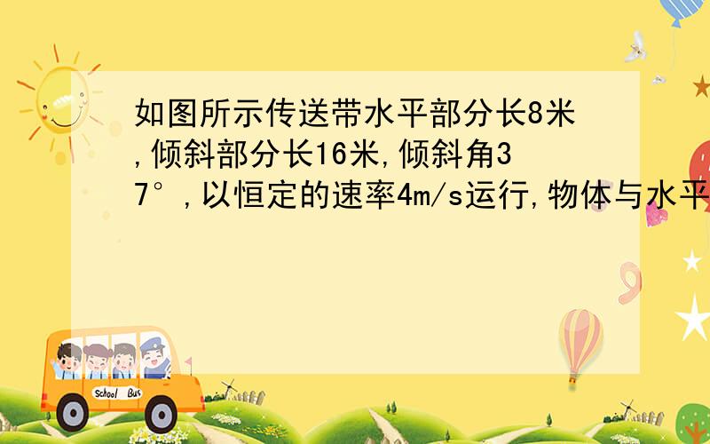 如图所示传送带水平部分长8米,倾斜部分长16米,倾斜角37°,以恒定的速率4m/s运行,物体与水平传送带间的动摩擦因数μ0=0.1,把一个小物体M轻轻（无初速度）放在传送带的左边,求：（1）若物体