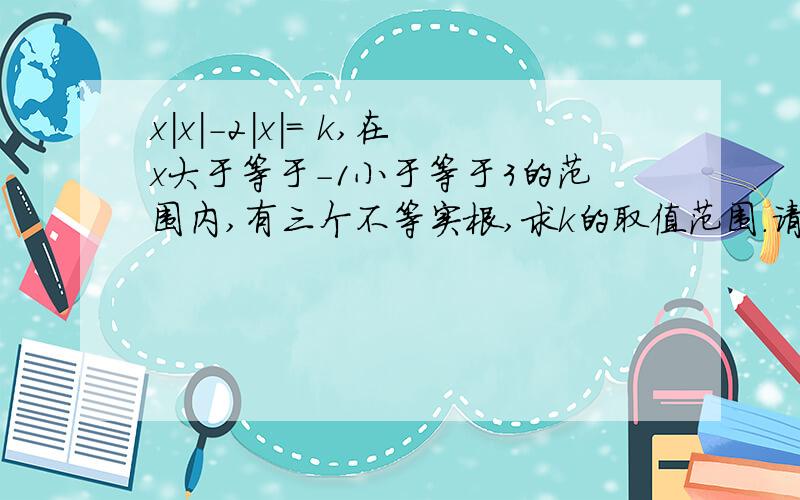 x｜x｜-2｜x｜= k,在x大于等于-1小于等于3的范围内,有三个不等实根,求k的取值范围.请知道怎么算的朋友写出解答过程,那加2｜x｜呢