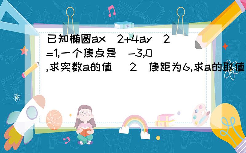 已知椭圆ax^2+4ay^2=1,一个焦点是(-3,0),求实数a的值 （2）焦距为6,求a的取值范围