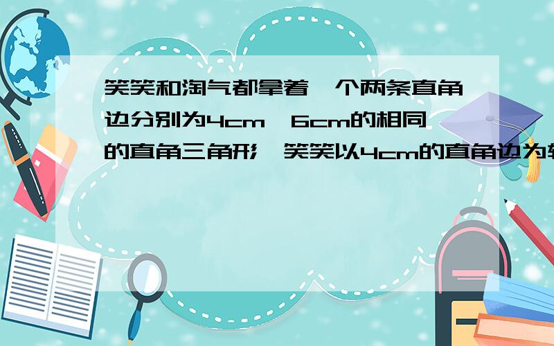 笑笑和淘气都拿着一个两条直角边分别为4cm、6cm的相同的直角三角形,笑笑以4cm的直角边为轴快速旋转,淘气以6cm的直角边为轴快速旋转.谁旋转的图形体积大?大多少立方厘米?