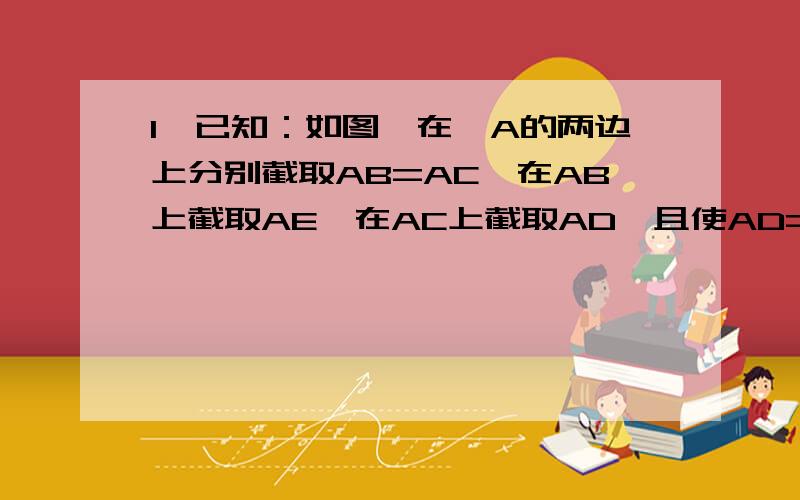 1、已知：如图,在∠A的两边上分别截取AB=AC,在AB上截取AE,在AC上截取AD,且使AD=AE,试问：BD与CE的交点P,是否在∠A的平分线上?