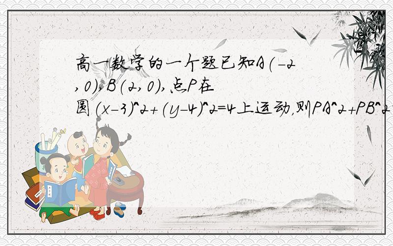 高一数学的一个题已知A(-2,0),B(2,0),点P在圆（x-3）^2+(y-4)^2=4上运动，则PA^2+PB^2的最小值是？要过程哦~