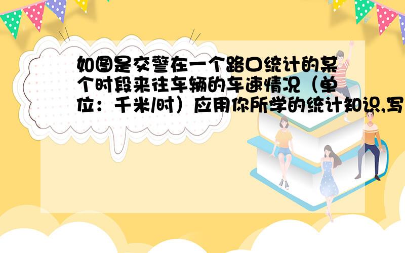 如图是交警在一个路口统计的某个时段来往车辆的车速情况（单位：千米/时）应用你所学的统计知识,写一份简短的报告让交警知道这个时段路口来往车辆的车速情.