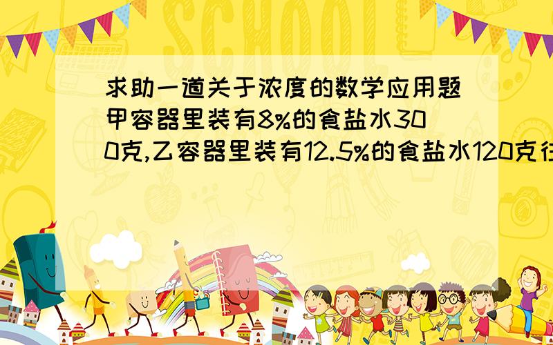 求助一道关于浓度的数学应用题甲容器里装有8%的食盐水300克,乙容器里装有12.5%的食盐水120克往两个容器倒入等量的水,使这两个容器中的食盐水浓度相等,问倒入的水应该是多少克?