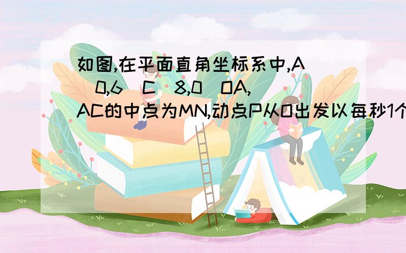 如图,在平面直角坐标系中,A（0,6）C（8,0）OA,AC的中点为MN,动点P从O出发以每秒1个单位的速度按照箭头方向通过C,N到M,设P点从O开始运动的路程为x,△AOP的面积为y1求AC的解析式2点P从O 出发到M止