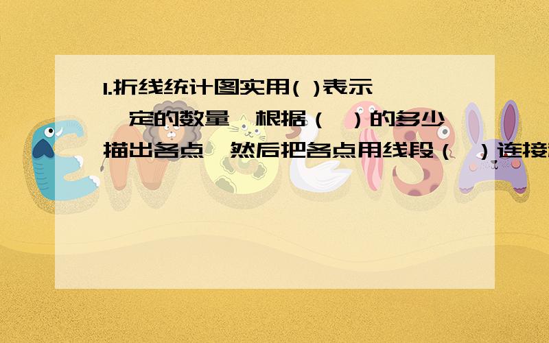 1.折线统计图实用( )表示一定的数量,根据（ ）的多少描出各点,然后把各点用线段（ ）连接起来.2.画折线统计图时要注意月份（或年份）之间的间隔要（ ）,间隔3年的距离应是间隔一年的（