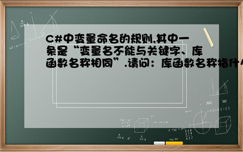 C#中变量命名的规则,其中一条是“变量名不能与关键字、库函数名称相同”.请问：库函数名称指什么?库函数名称有哪些?在哪里能看到?举例说明.