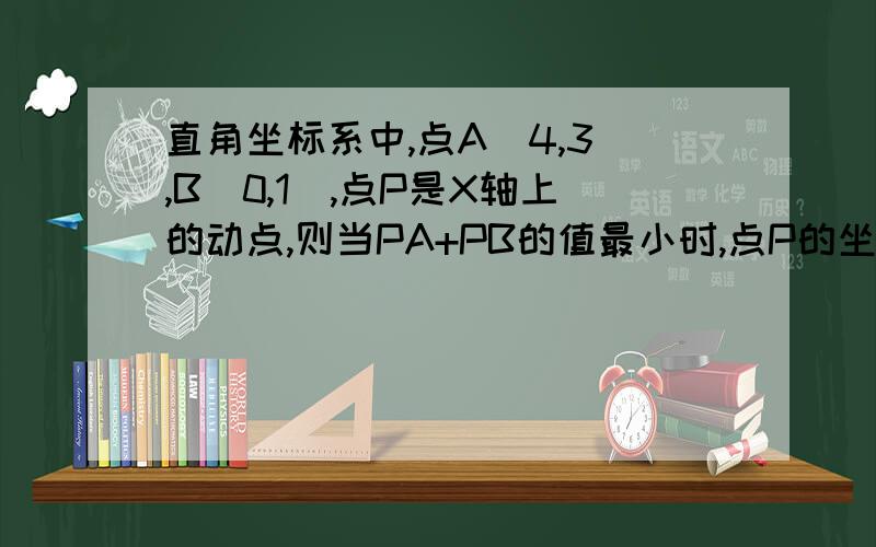 直角坐标系中,点A(4,3),B(0,1),点P是X轴上的动点,则当PA+PB的值最小时,点P的坐标为?