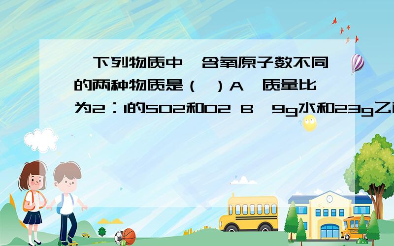 、下列物质中,含氧原子数不同的两种物质是（ ）A、质量比为2：1的SO2和O2 B、9g水和23g乙醇C、标况下44.8L的NO和100ml5mol/L的硫酸溶液 D、物质的量相同的H2SO3和FeSO4