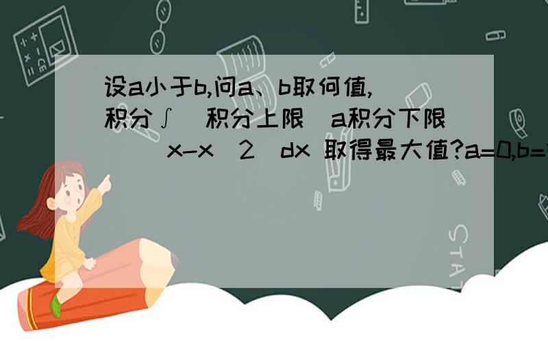 设a小于b,问a、b取何值,积分∫(积分上限)a积分下限) (x-x^2)dx 取得最大值?a=0,b=1是怎么算出来的?