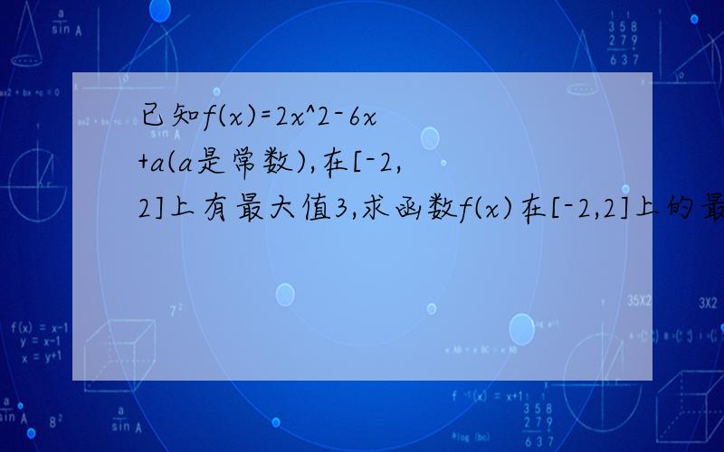 已知f(x)=2x^2-6x+a(a是常数),在[-2,2]上有最大值3,求函数f(x)在[-2,2]上的最小值