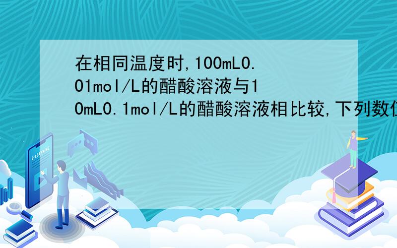 在相同温度时,100mL0.01mol/L的醋酸溶液与10mL0.1mol/L的醋酸溶液相比较,下列数值前者大于后者的是（ ）A.CH3COOH的物质的量B.电离程度C.中和时所需的NaOH的量