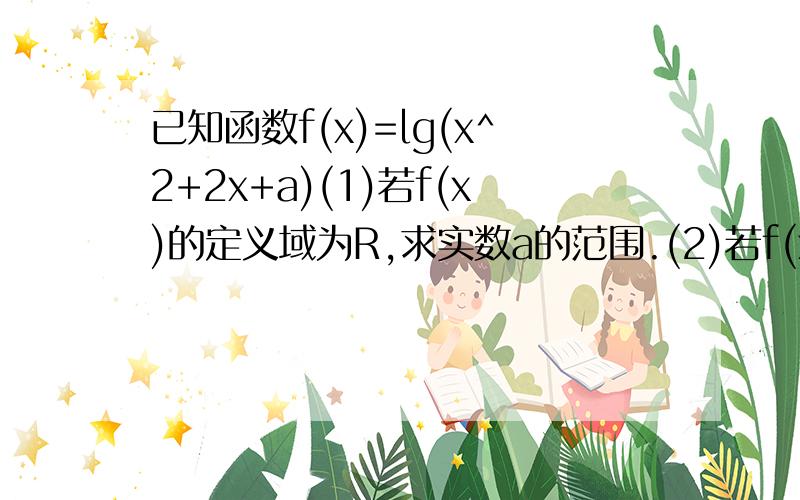 已知函数f(x)=lg(x^2+2x+a)(1)若f(x)的定义域为R,求实数a的范围.(2)若f(x)的值域为R,求实数a的范围.