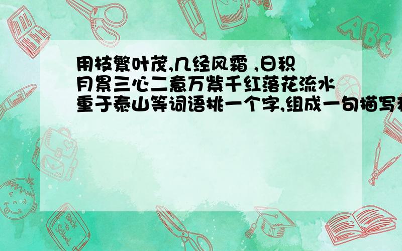 用枝繁叶茂,几经风霜 ,日积月累三心二意万紫千红落花流水重于泰山等词语挑一个字,组成一句描写秋天的唐唐诗