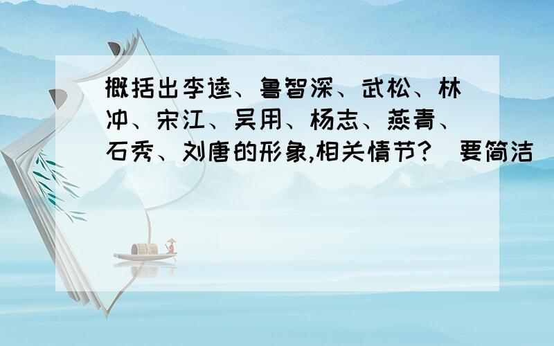 概括出李逵、鲁智深、武松、林冲、宋江、吴用、杨志、燕青、石秀、刘唐的形象,相关情节?（要简洁)