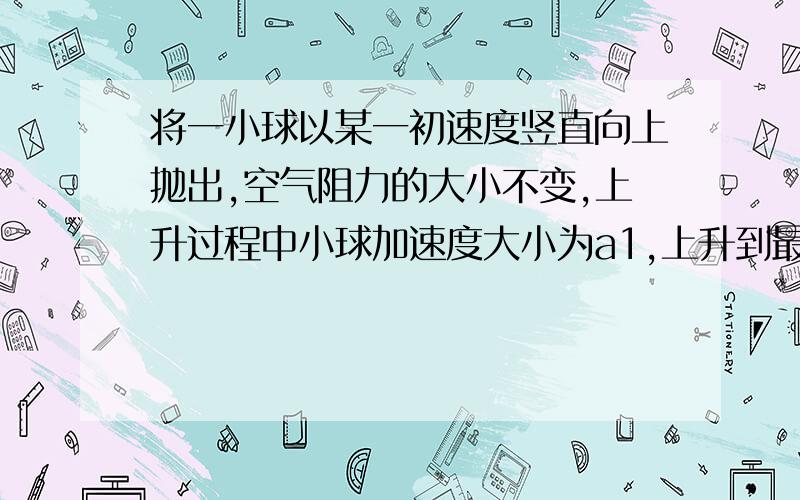 将一小球以某一初速度竖直向上抛出,空气阻力的大小不变,上升过程中小球加速度大小为a1,上升到最大高度所用时间为t1,下落过程中小球加速度大小为a2,从最高点落回抛出点所用时间为t2,则a1