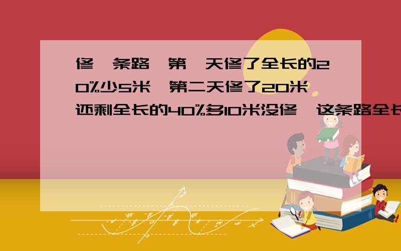 修一条路,第一天修了全长的20%少5米,第二天修了20米还剩全长的40%多10米没修,这条路全长多少米?(画图所示)