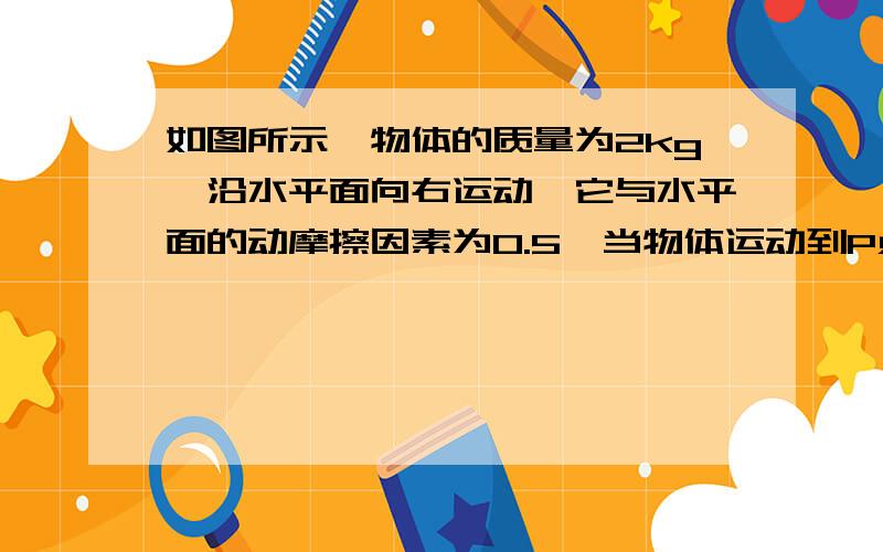 如图所示,物体的质量为2kg,沿水平面向右运动,它与水平面的动摩擦因素为0.5,当物体运动到P点时,对物体施加一个水平向右的恒力F=5N,物体运动到Q点时的速度恰为0,则当物体运动到P,Q的中点R时,