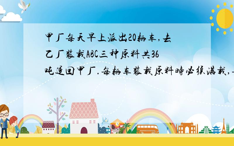 甲厂每天早上派出20辆车,去乙厂装载ABC三种原料共36吨运回甲厂.每辆车装载原料时必须满载,每种原料不少一车,ABC三种原料不能混装,每辆汽车的装载情况如下原料型号ABC每辆车装载量211.5每