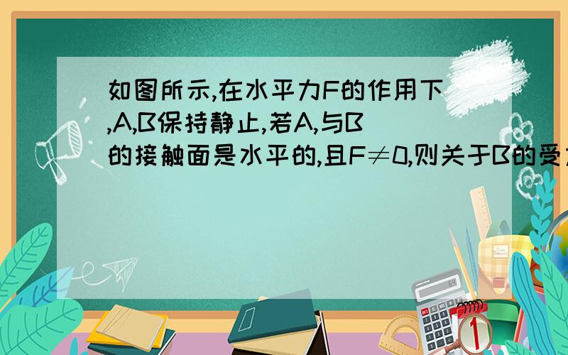 如图所示,在水平力F的作用下,A,B保持静止,若A,与B的接触面是水平的,且F≠0,则关于B的受力个数可能为4个或5个.因为B至少受到重力、A对B的压力和静摩擦力、斜面的支持力四个力．斜面对物体B