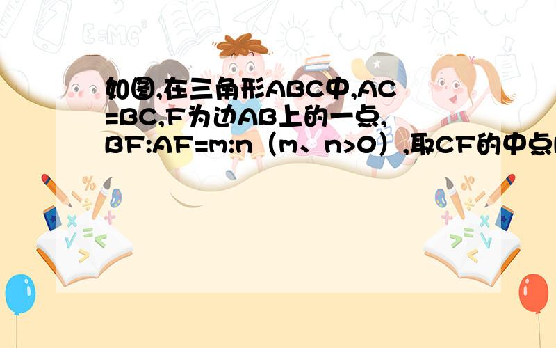 如图,在三角形ABC中,AC=BC,F为边AB上的一点,BF:AF=m:n（m、n>0）,取CF的中点D,连接AD并延长交BC于点E.（11）求BE：EC的值.（2）若BE=2EC,那么CF所在的直线与边AB有怎样的位置关系?证明你的结论.（3）E