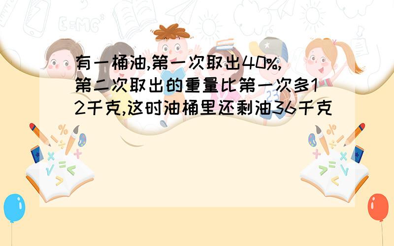 有一桶油,第一次取出40%,第二次取出的重量比第一次多12千克,这时油桶里还剩油36千克