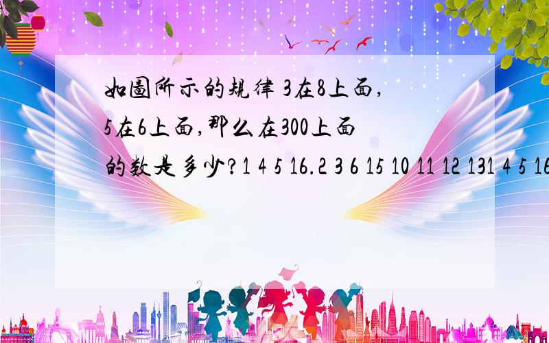 如图所示的规律 3在8上面,5在6上面,那么在300上面的数是多少?1 4 5 16.2 3 6 15 10 11 12 131 4 5 16....2 3 6 159 8 7 1410 11 12 13