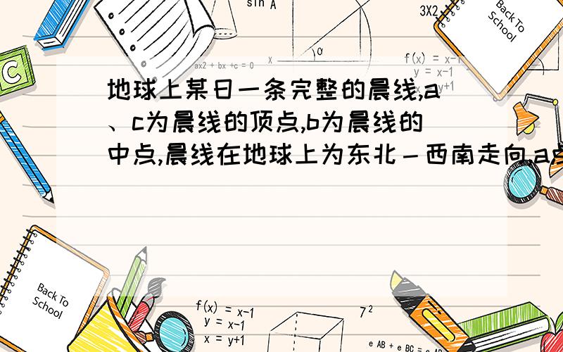 地球上某日一条完整的晨线,a、c为晨线的顶点,b为晨线的中点,晨线在地球上为东北－西南走向,a点的地理坐标为（84°24’S,105°w）可是a的太阳不是应该从北方射吗?影子应该朝南啊.为什么是北