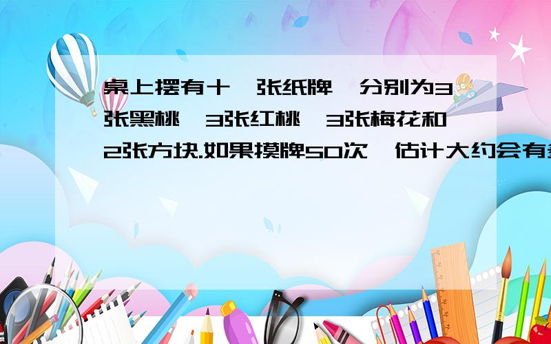 桌上摆有十一张纸牌,分别为3张黑桃,3张红桃,3张梅花和2张方块.如果摸牌50次,估计大约会有多少次摸到黑桃?要算式,还要说出为什么.上面打错啦,是55次.是可能性，可能性。摸一张看一张，多