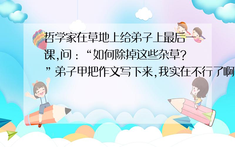 哲学家在草地上给弟子上最后一课,问：“如何除掉这些杂草?”弟子甲把作文写下来,我实在不行了啊